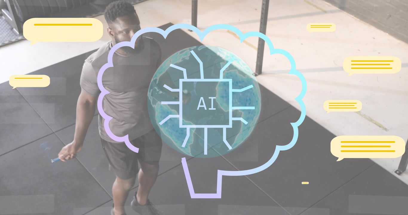 athlete skipping rope on mat, raising globe with thought cloud icons, AI chip converging into palm