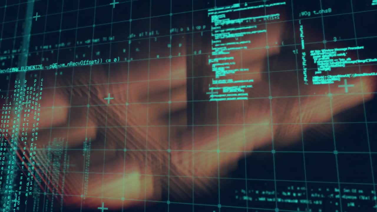 Animation of data processing over squares and grid in background