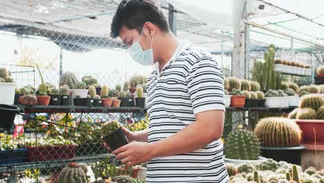 an asian man picks up a cactus in a pot at a plant shop where other people are in the background along with shelves of plants