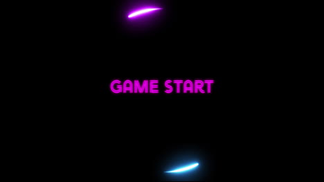 animation of game start text in pink with glowing pink and blue loading ring on black