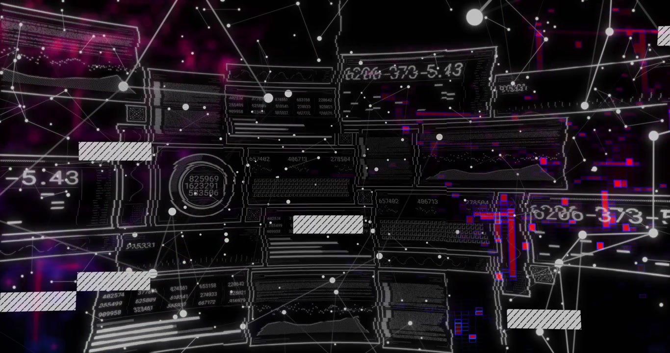 Magenta glow rising behind panels, causing grid console moving bars, updating codes, building HUD