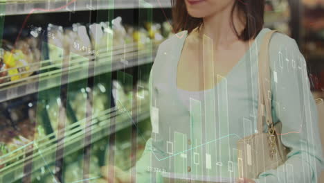 animation of statistics and financial data processing over caucasian woman using tablet in shop