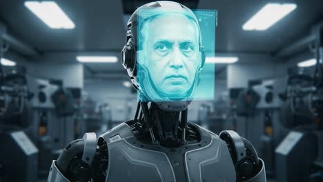 a futuristic robot with a human-like face displaying emotions in a high-tech laboratory setting, exploring the intersection of technology and humanity in robotics