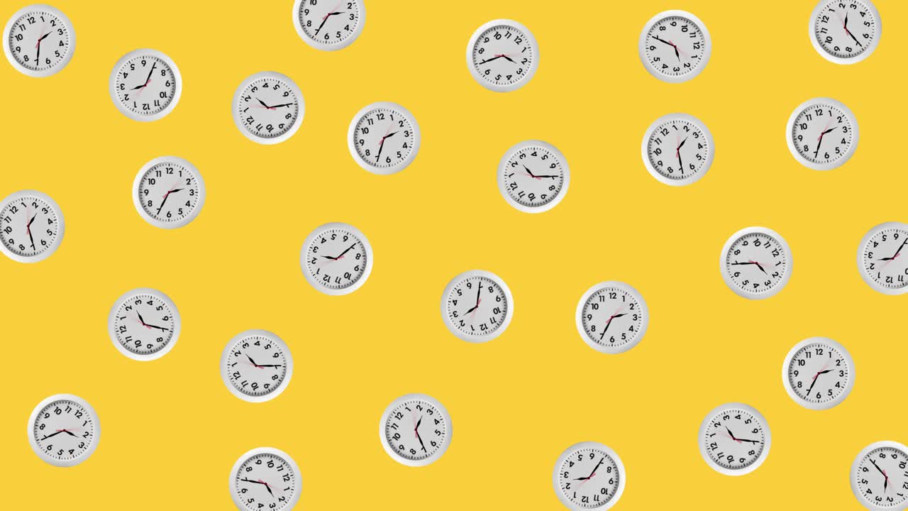 seamless looping animation with many white wall clocks that wiggle. arrows spin clockwise. yellow background with copy space