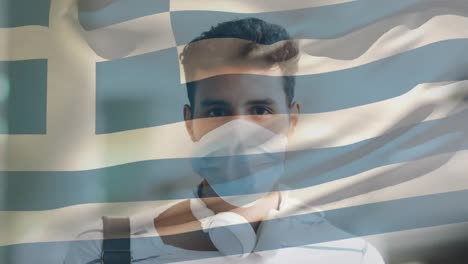 Animation-Der-Flagge-Griechenlands,-Die-Während-Der-Covid-19-Pandemie-über-Einem-Mann-Mit-Gesichtsmaske-Weht