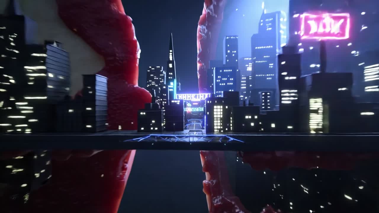 Camera moving forward through apple halves, revealing neon city tunnel on mirror floor, branding
