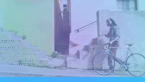 animación de formas que se mueven sobre un hombre afroamericano caminando en bicicleta