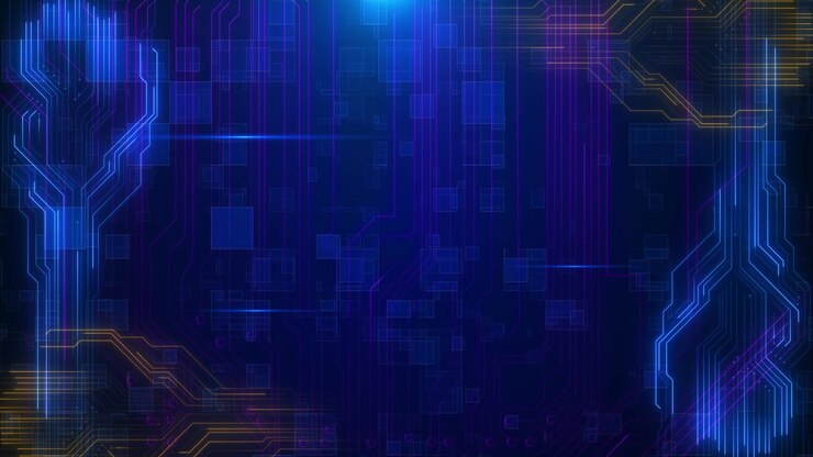Sfondo tecnologico a circuito blu e viola, linee luminose, pannelli trasparenti, percorsi digitali, bagliori scuri