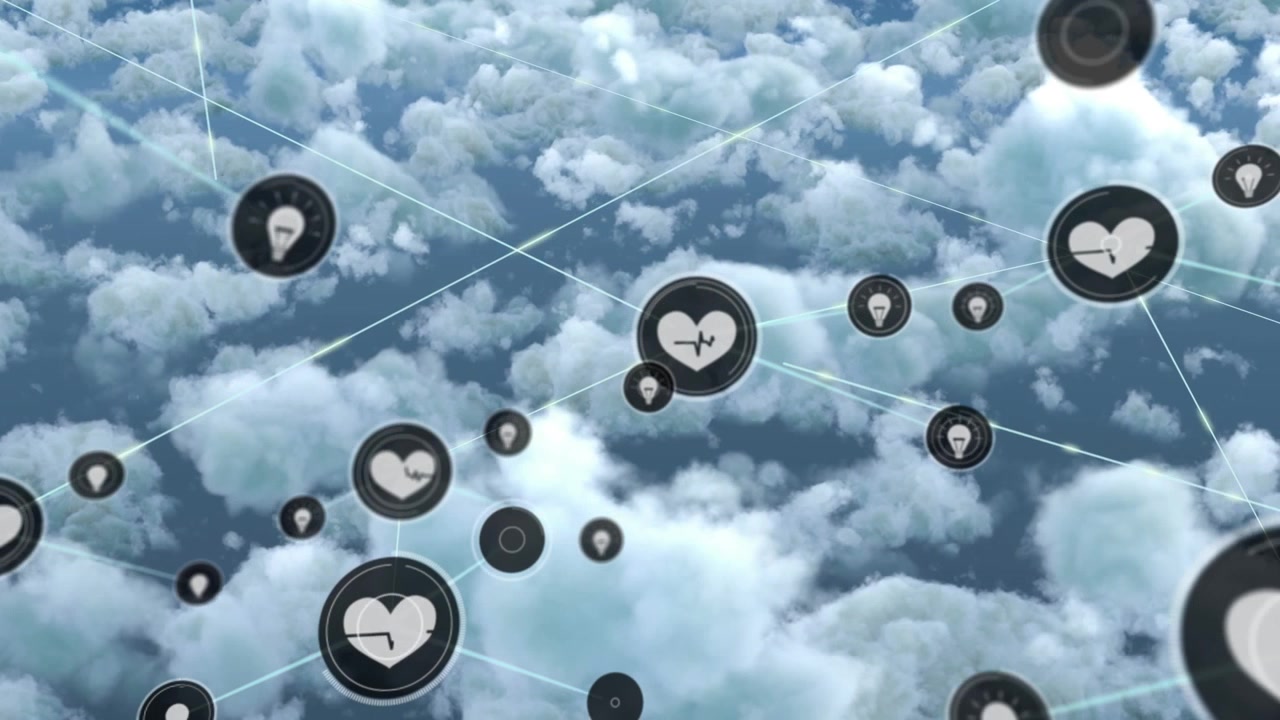 Animazione di una rete di connessioni con icone su un cielo con nuvole