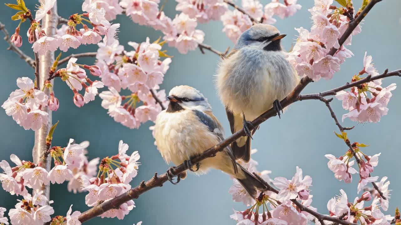 Close-up video frame of two birds perched on cherry blossom branches, capturing nature's beauty