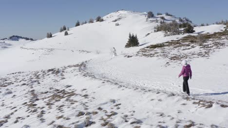 young woman walking in mountains hiking trail alone