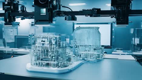 industrial robot arm inspecting a 3d model in a factory