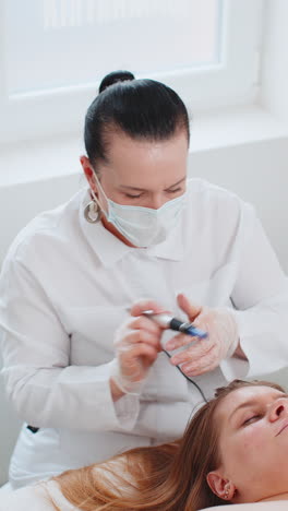 Tricólogo-Realizando-Procedimientos-De-Regeneración-Del-Cabello-Femenino,-Microagujas-Dermapen,-Inyecciones-De-Vitaminas