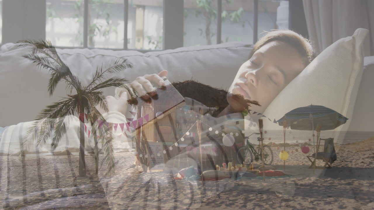 해변 바와 해변의 애니메이션 여자 집에서 소파에 책과 함께 잠을 자고