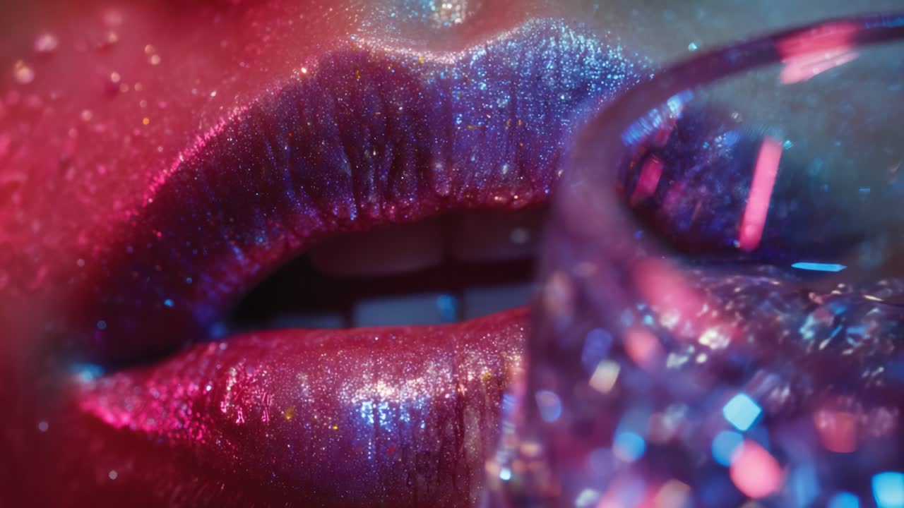Un affascinante primo piano di labbra scintillanti, valorizzate da pigmenti iridescenti e riflessi di un bicchiere di cristallo, che mette in mostra la bellezza abbagliante dei colori luccicanti e il fascino degli elementi scintillanti