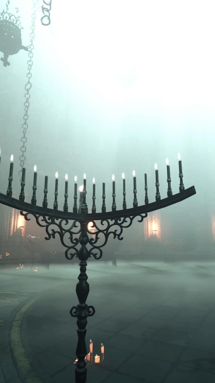 misterioso interior de la iglesia gótica con candelabros y niebla