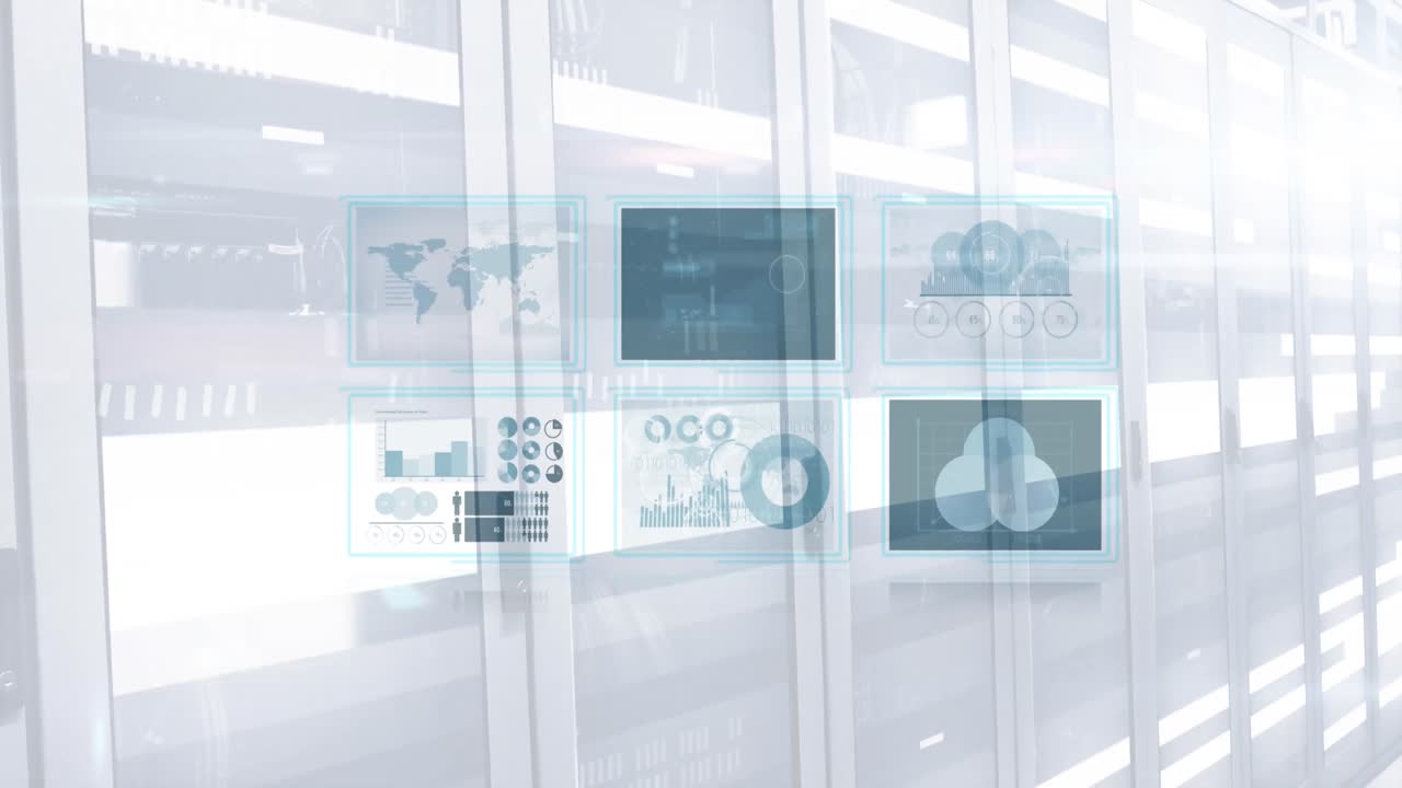 컴퓨터 서버가 있는 기술실 위의 디지털 스크린에서 데이터 처리의 애니메이션