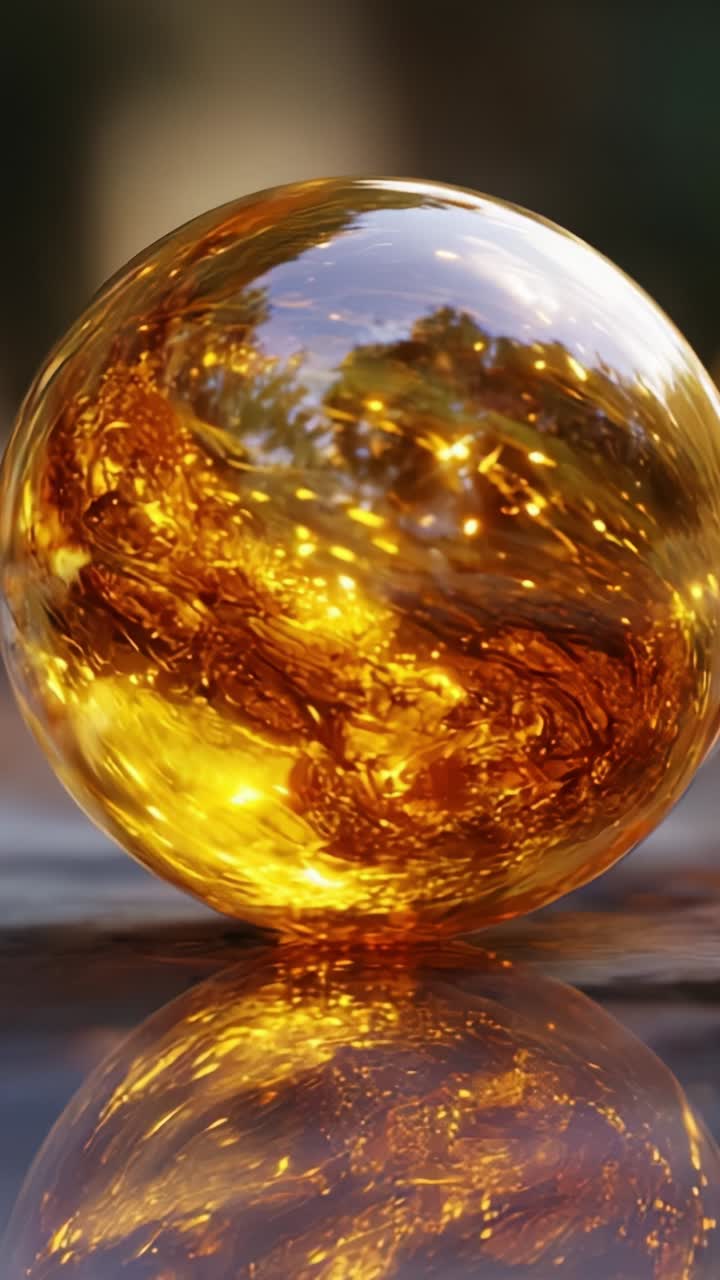 Una splendida esposizione di sfere di vetro dorato che riflettono la bellezza naturale e la luce, catturando l'essenza dell'arte in una straordinaria composizione visiva