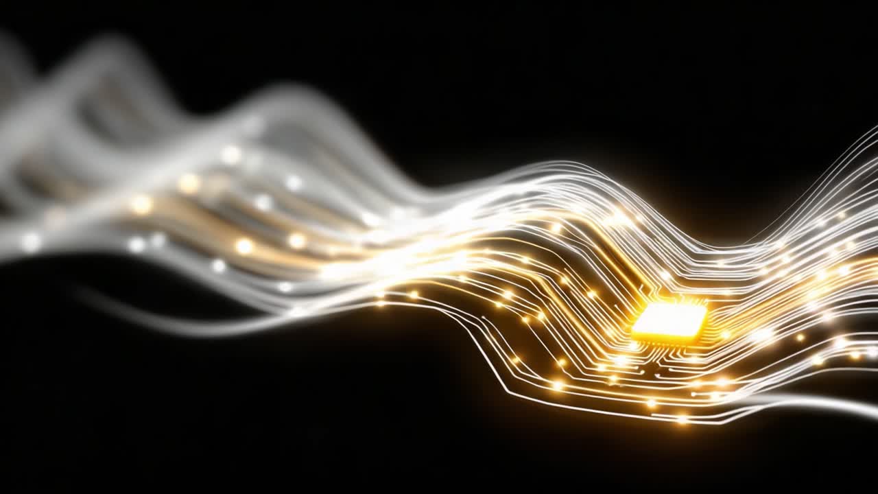 Innovative Digital Energy Flow: A Stunning Visualization of Circuitry with Luminescent Lines and a Central Chip Representing Modern Technology Advancements