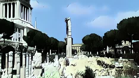 present and past of forum of caesar of rome in italy, cartoon animation reconstruction