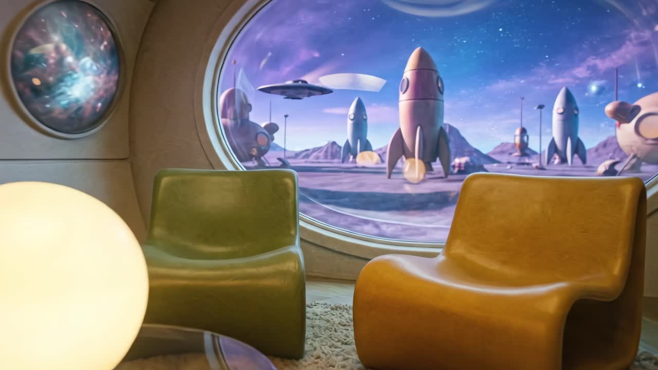Retro-futuristisk loungeinteriør med udsigt over en fremmed planet med raketter