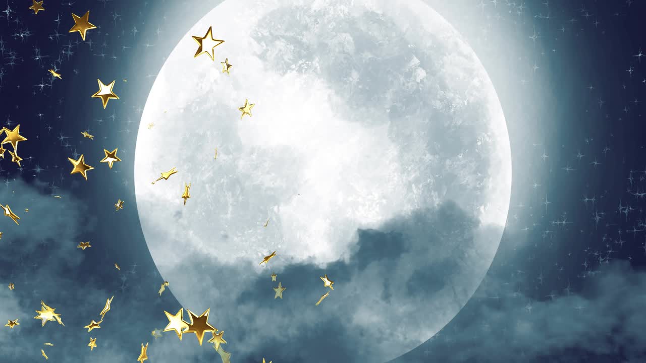 Gold star confetti entering left causing purple burst, sleigh team crossing moon delivering magic