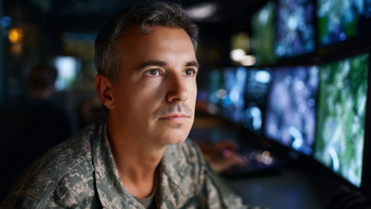 A Dedicated Military Personnel Analyzing Data on Multiple Monitors in a High-Tech Command Center, Displaying Focus and Commitment to Duty in a Critical Operations Environment