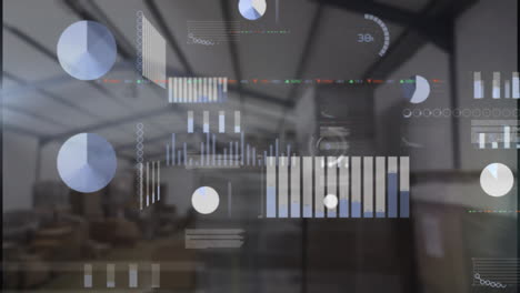 Animation-of-graphs,-trading-board-and-loading-circles-over-warehouse