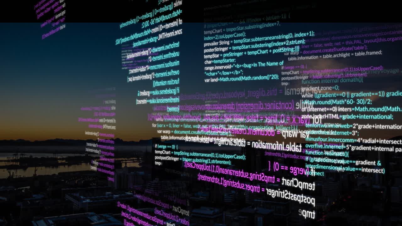 Cityscape at dusk with colorful programming code animation showcasing technology theme