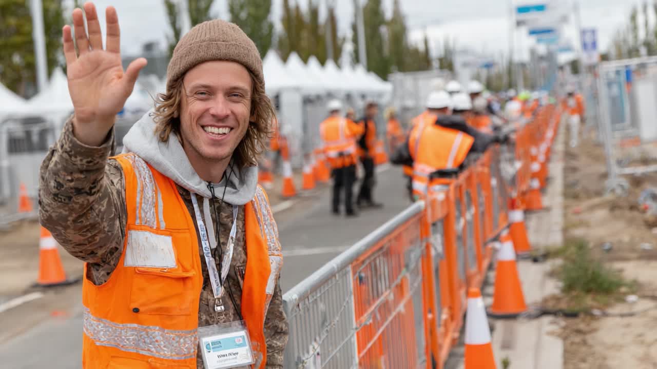 Friendly Construction Worker Waving in Safety Gear at a Job Site, Surrounded by Colleagues and Safety Barriers in a Busy Urban Environment