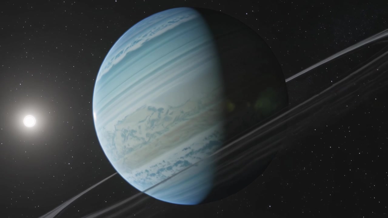 Panoramica della telecamera che rivela un gigante gassoso con anelli in rotazione, mostrando anelli diagonali e lune illuminate dalle stelle nello spazio.