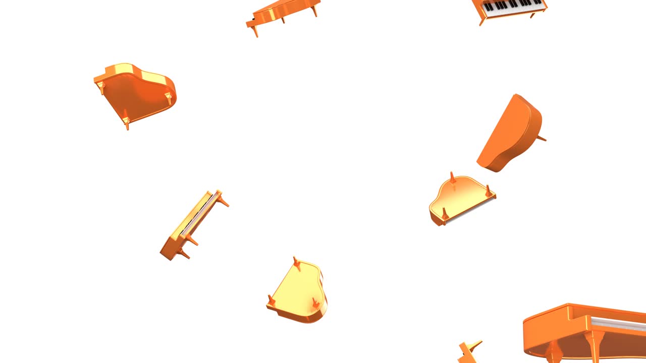 Flying orange pianos on white background.