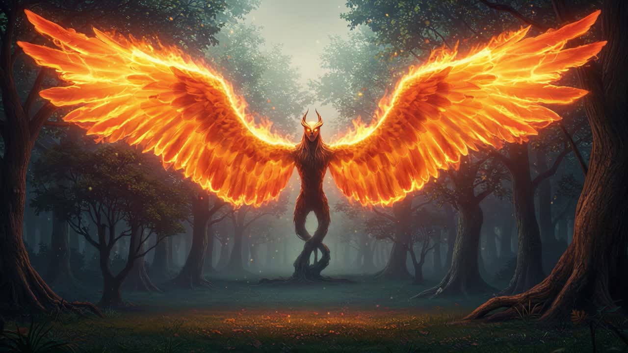 A majestic creature rises with fiery wings in an enchanted forest, showcasing its strength and beauty while capturing the essence of mythical beings and nature's wonders