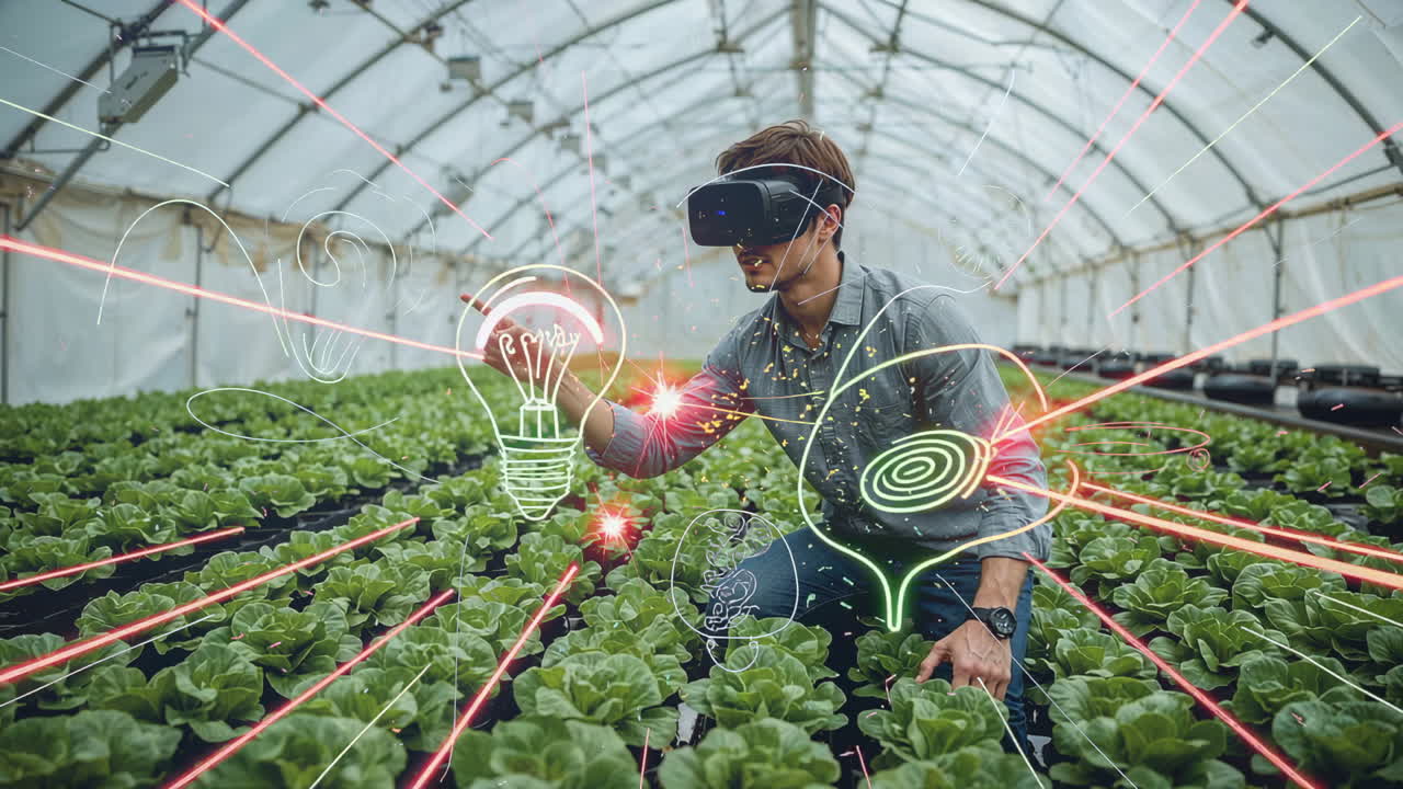 Man Using Virtual Reality in a Smart Farming Greenhouse