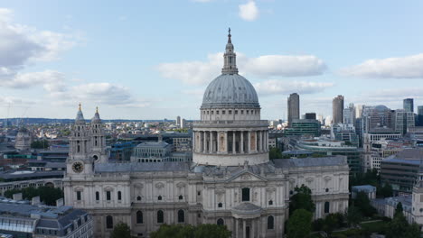 Slide-and-pan-footage-of-famous-old-baroque-Saint-Pauls-Cathedral.-Touristic-landmark-on-Ludgate-Hill-in-City-district.-Tall-modern-skyscrapers-in-background.-London,-UK