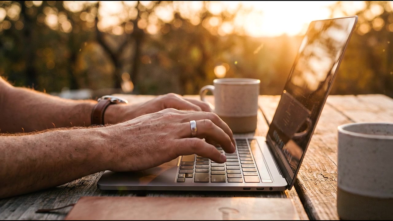 Primo piano di mani che digitano sul laptop all'aperto durante un tramonto dorato con una tazza di caffè su un tavolo di legno.