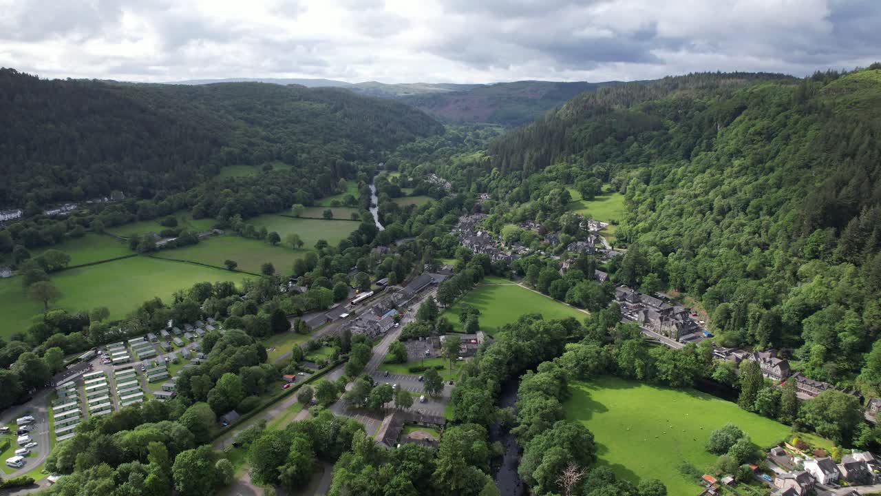 Betws y coed north Wales UK panning drone aerial view