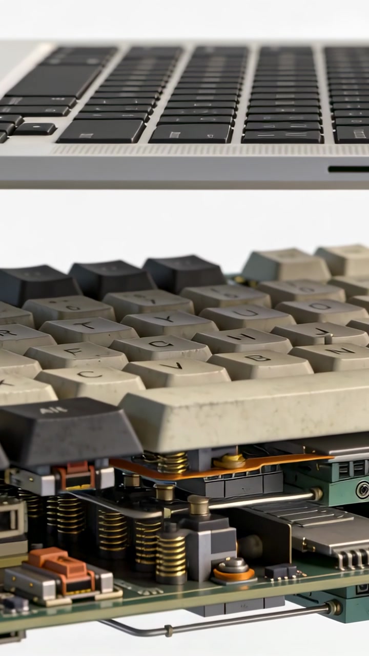 Vertical video: Sliding camera revealing keyboard stack at studio table, showing PCB springs