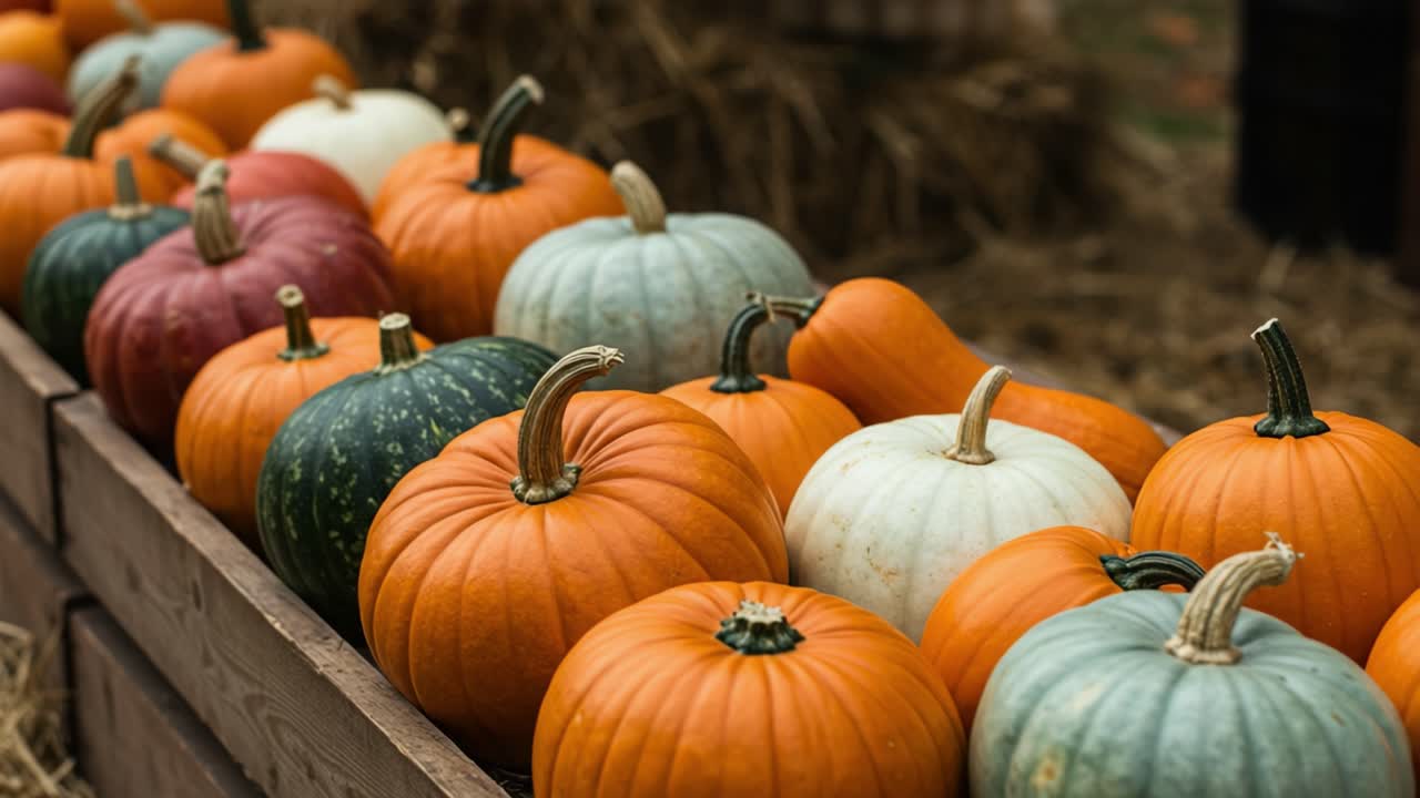 A Vibrant Display of Pumpkins: A Rich Collection of Varieties Showcasing the Beauty of Autumn and Harvest in a Rustic Setting