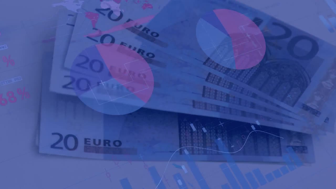 Animaatio talousdatan käsittelystä eurosetelien päällä.