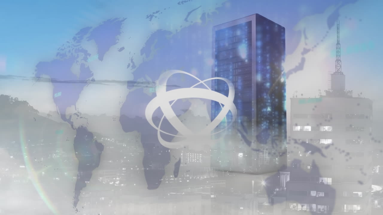 서버 머신에서 회전하는 추상적인 패턴의 애니메이션으로 시내 풍경이 배경입니다.