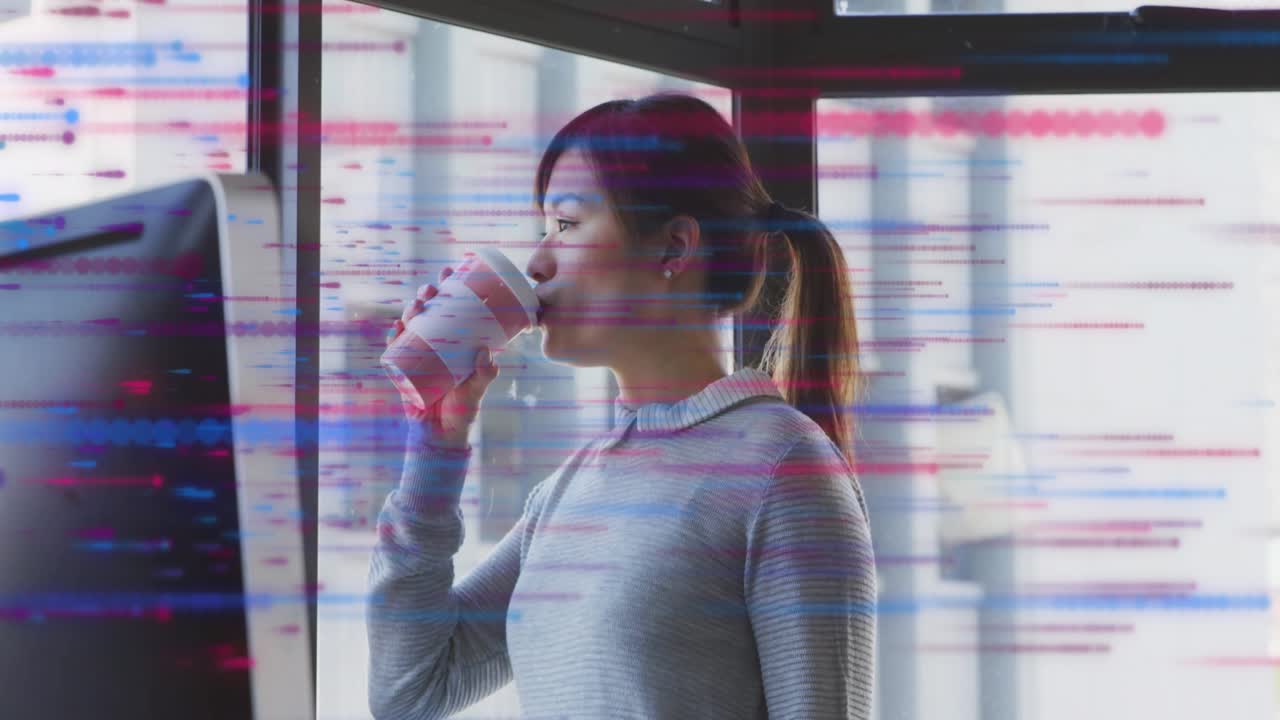 woman reaching for pink coffee cup, sipping to focus in business office with drifting glitch lines