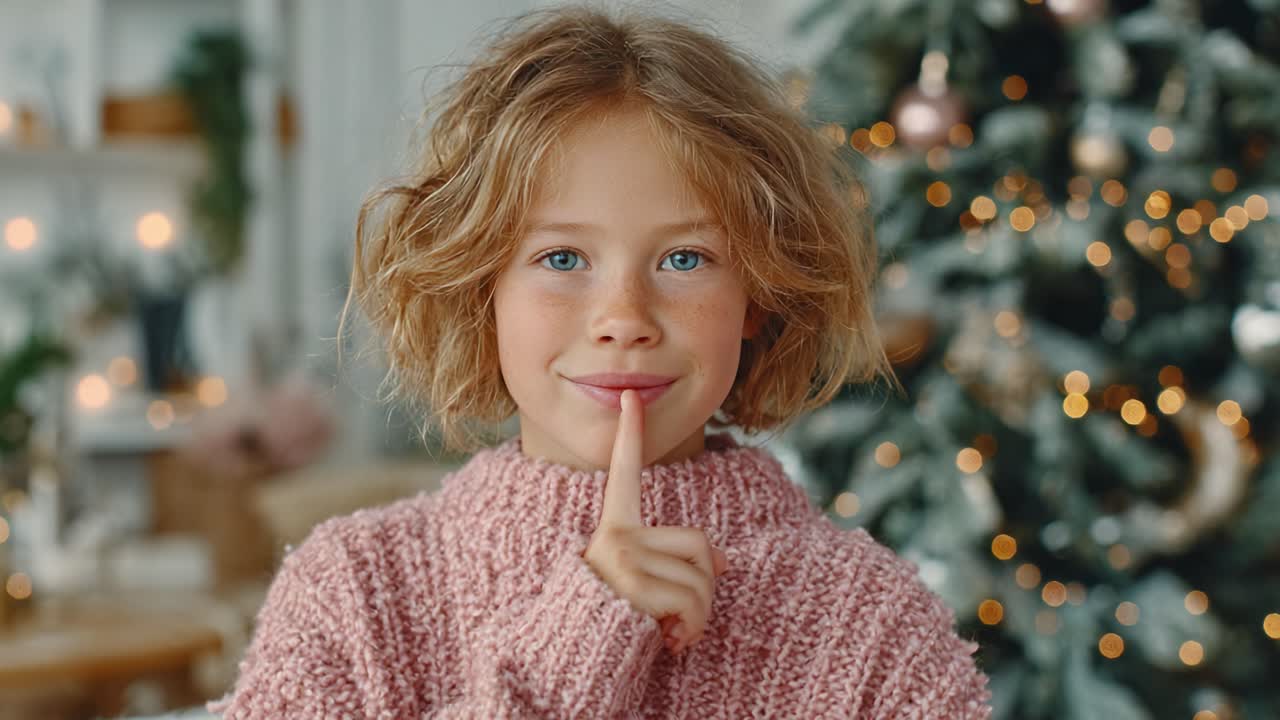 A Whimsical Moment: A Young Girl in a Cozy Sweater Offers a Silencing Gesture Amidst a Beautifully Decorated Holiday Background, Exuding Charm and Innocence