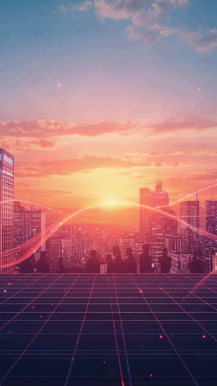 Vídeo vertical: grupo observando em grade de telhado, sol se pondo e arcos de neon passando