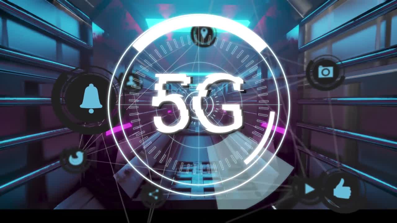 testo 5g su rete di icone di connessione contro tunnel luminoso