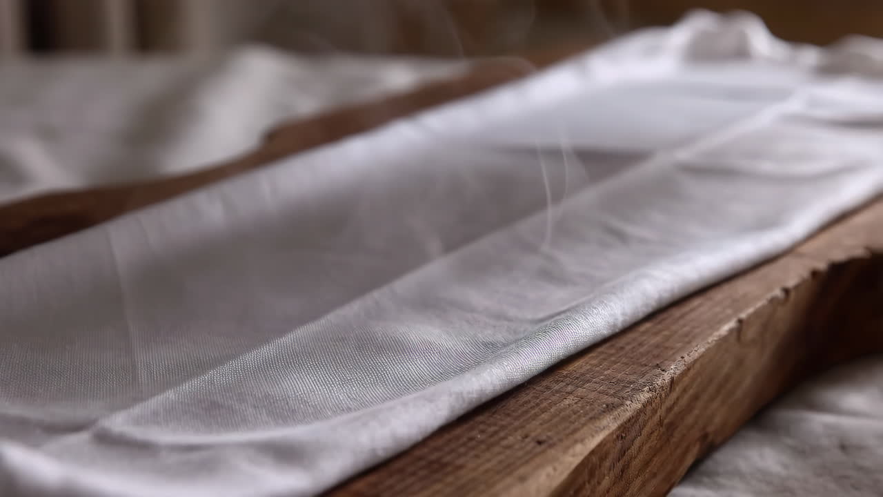 Steam rising from white fabric on a rustic wooden board