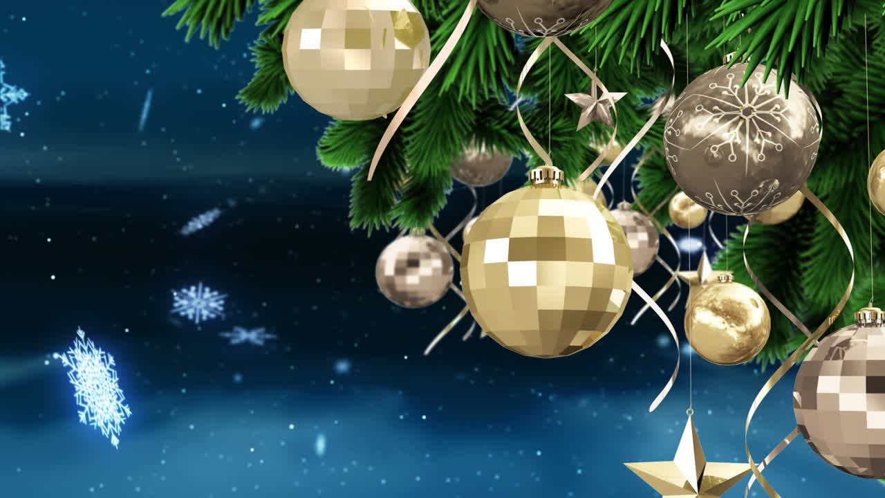 animación de ramas de abetos con decoración sobre la nieve que cae