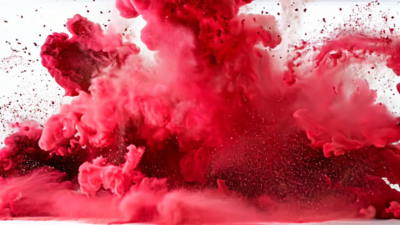 A red cloud of smoke is blowing in the wind. The smoke is red and white, and it looks like it's coming from a fire. Scene is intense and dramatic