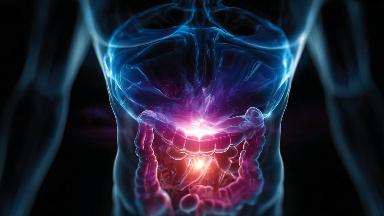 A Vivid Representation of the Human Digestive System with Illuminated Internal Organs, Showcasing the Interplay of Light and Anatomy, Emphasizing the Complexity of Biological Processes