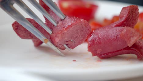 a delicious sausage on a white plate with tomato slices